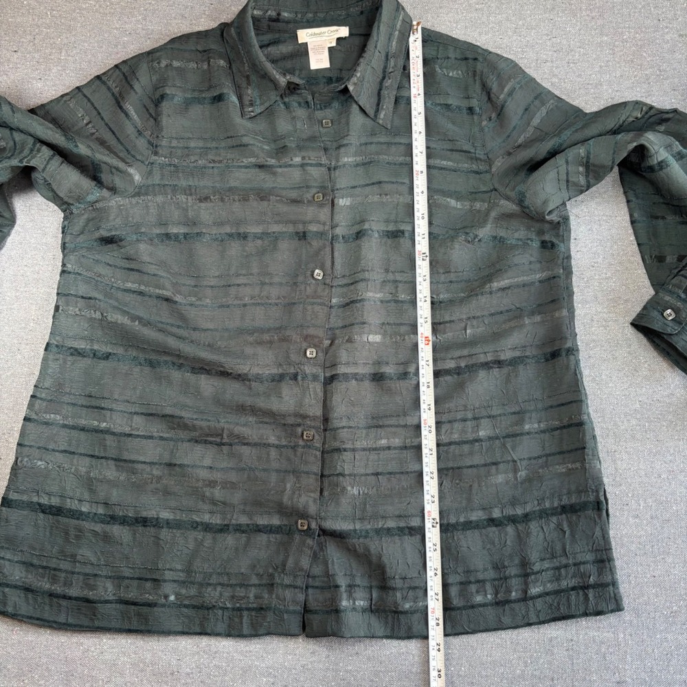 Coldwater Creek Womens 1X Green Crinkle Velvet Stripe Button Down Blouse - Picture 4 of 8